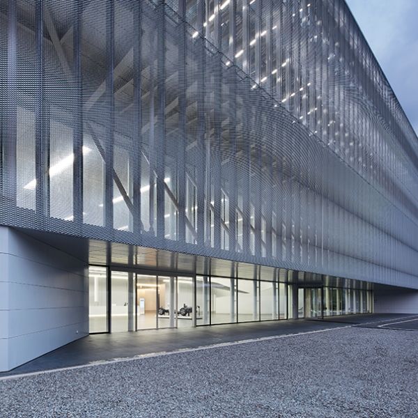 Expanded metal facade is installed on the office building.